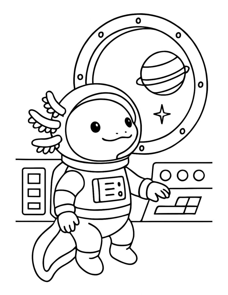 axolotl astronaut in spaceship coloring page featuring a cute axolotl in a helmet by a window with a ringed planet coloring page