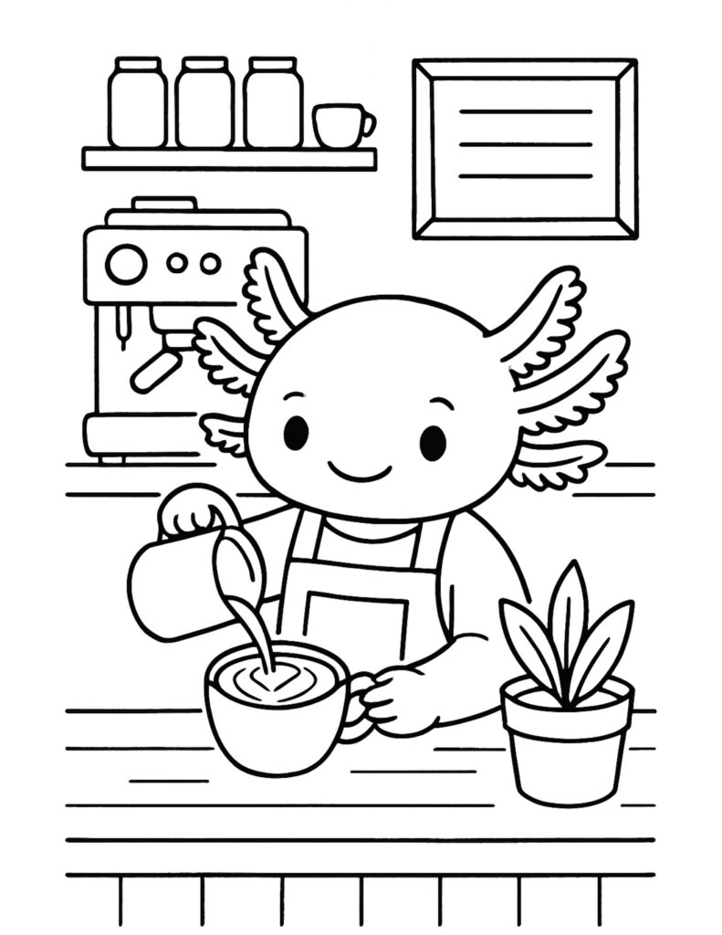 axolotl barista pouring latte coloring page with a smiling axolotl in an apron, pouring into a cup at a cafe counter coloring page