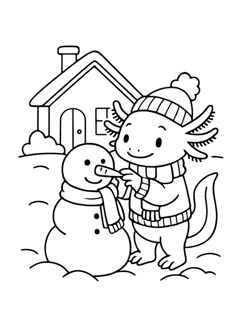 axolotl building a snowman coloring page with knit hat, scarf, and a carrot nose by a little house coloring page