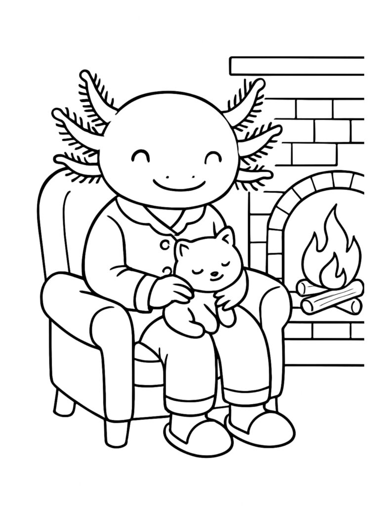 axolotl cuddling cat by fireplace coloring page in a comfy armchair with a sleepy kitten and warm flames coloring page