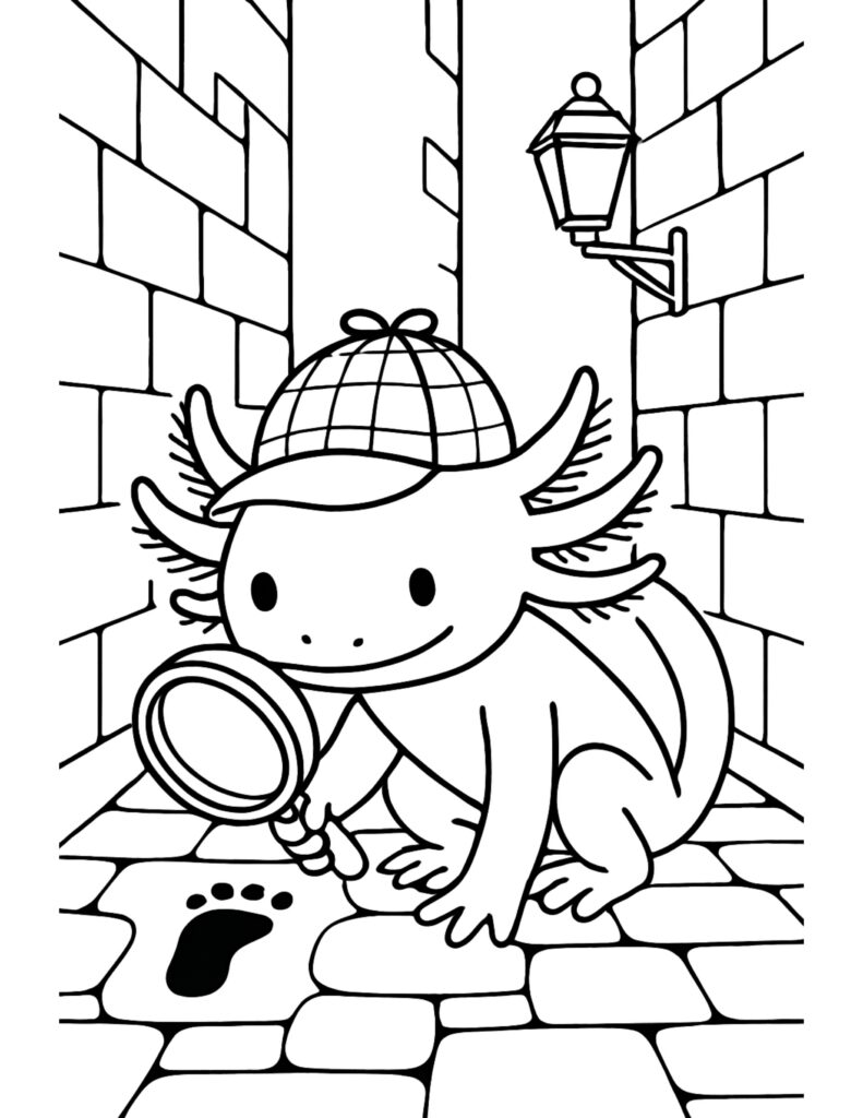 axolotl detective examining footprints coloring page in a brick alley with magnifying glass and street lamp