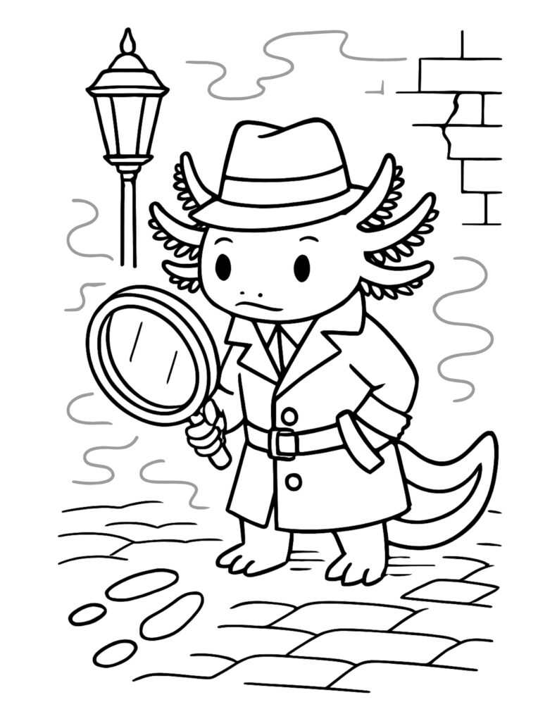 axolotl detective with magnifying glass coloring page in trench coat and fedora near a streetlamp coloring page