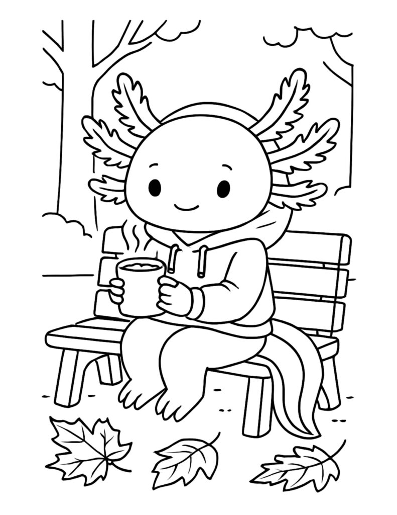 axolotl drinking cocoa on bench coloring page with a hoodie, steaming mug, trees, and fallen leaves coloring page