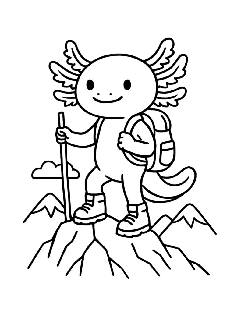 axolotl hiking on mountain peak coloring page with backpack and hiking stick coloring page