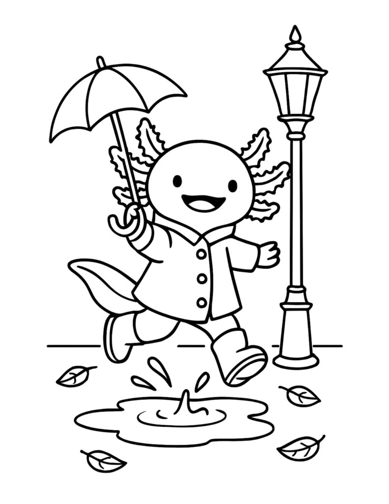 axolotl jumping in puddle coloring page with a happy axolotl in a raincoat holding an umbrella near a street lamp coloring page