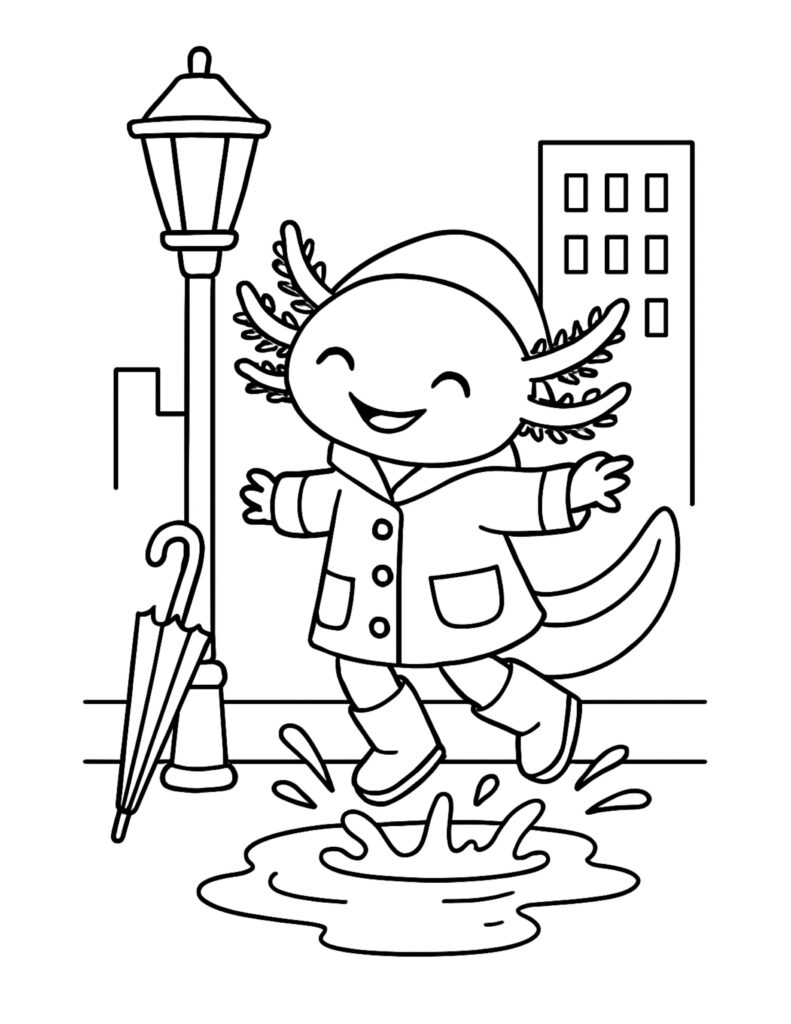axolotl jumping in rainy puddle coloring page with raincoat, boots, streetlamp, and umbrella