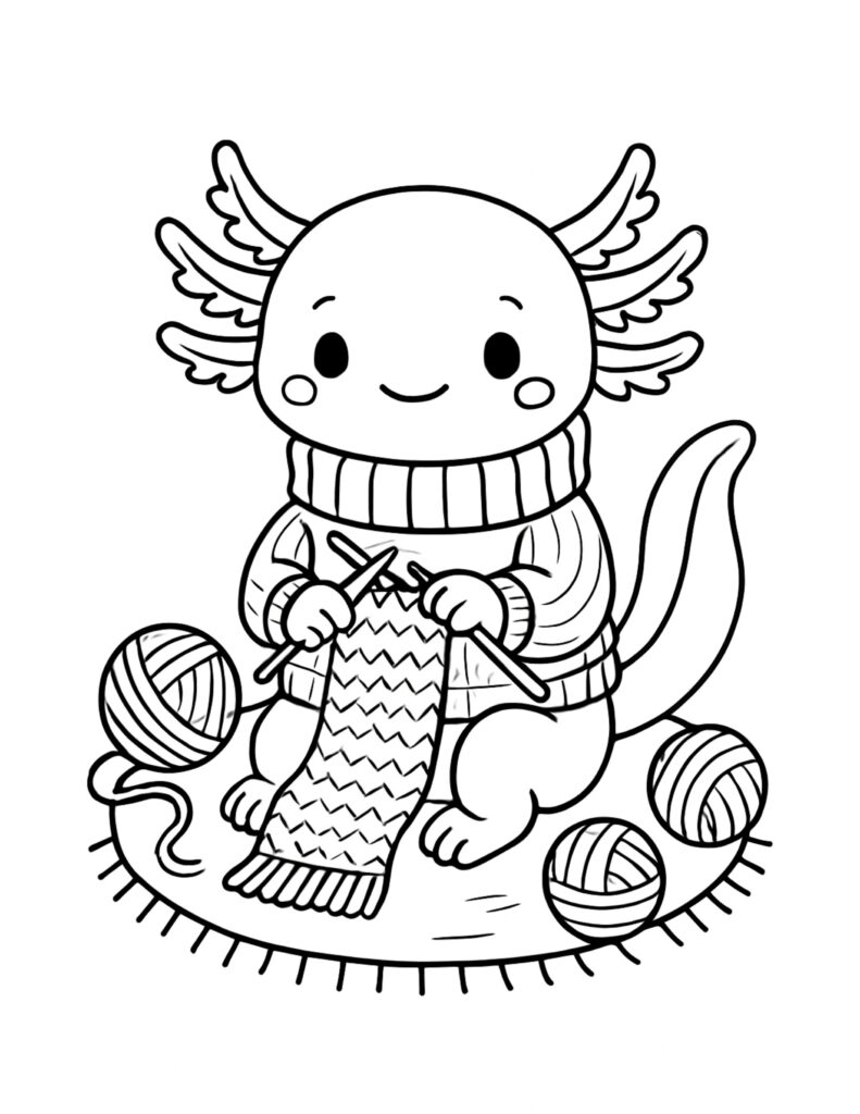 axolotl knitting a scarf coloring page cute axolotl in a sweater knitting with yarn balls coloring page