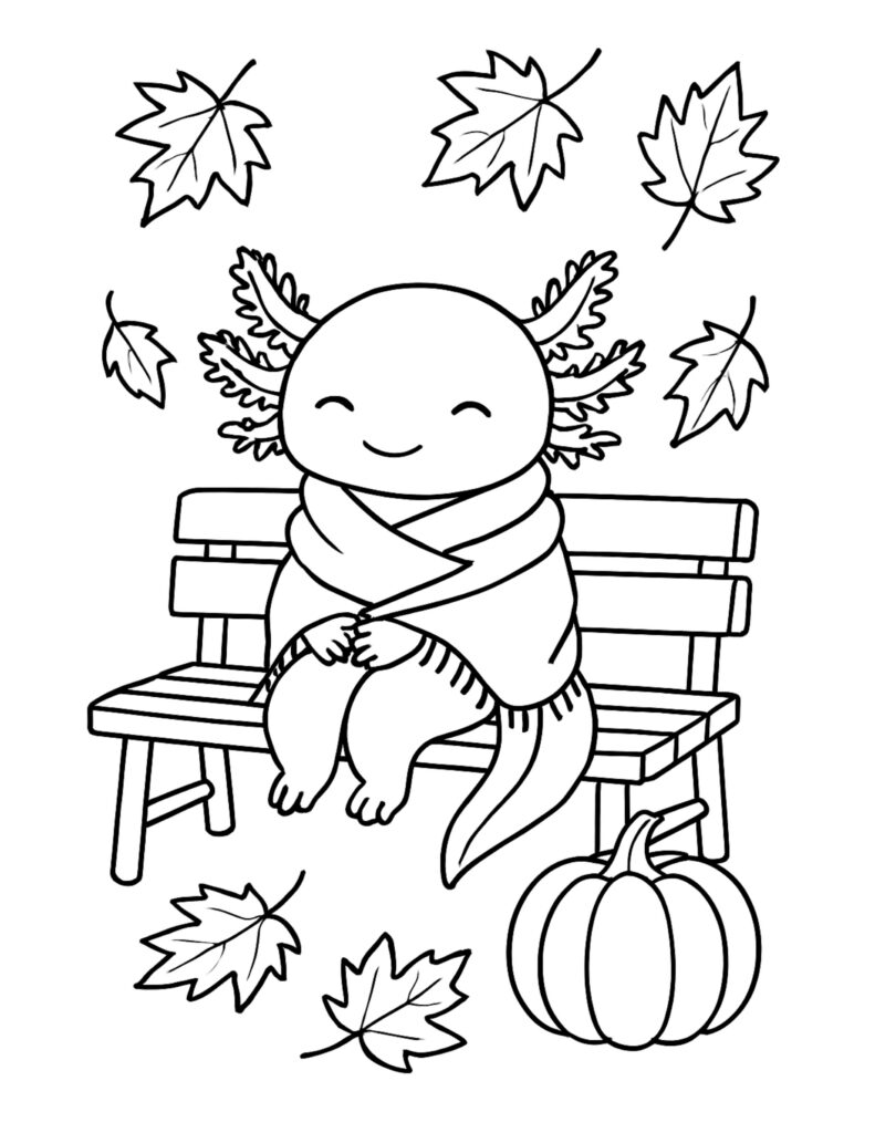 axolotl on bench with scarf coloring page, cute axolotl on a park bench with falling leaves and a pumpkin, coloring page