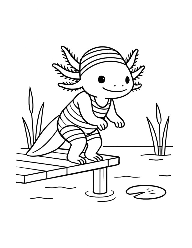 axolotl on diving board coloring page with striped swim cap by a calm pond coloring page