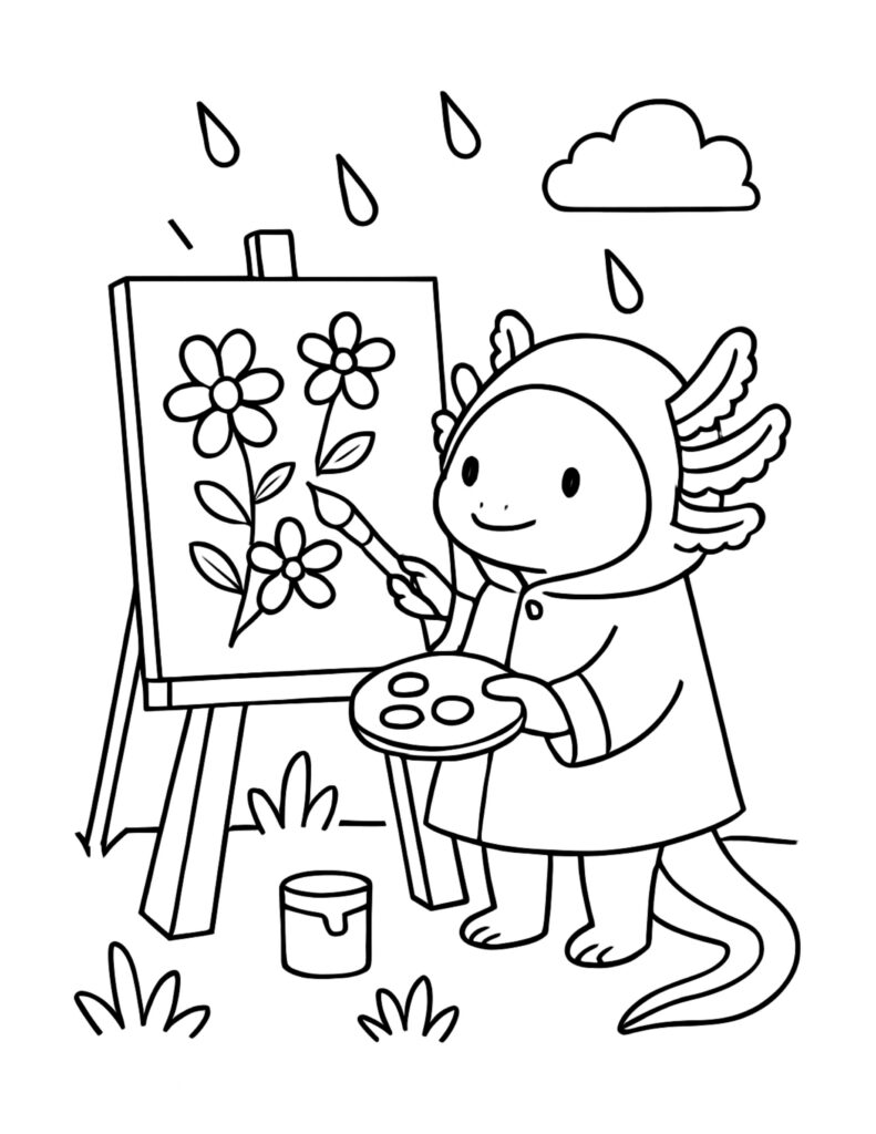 axolotl painting flowers in rain coloring page with easel and palette under raindrops coloring page