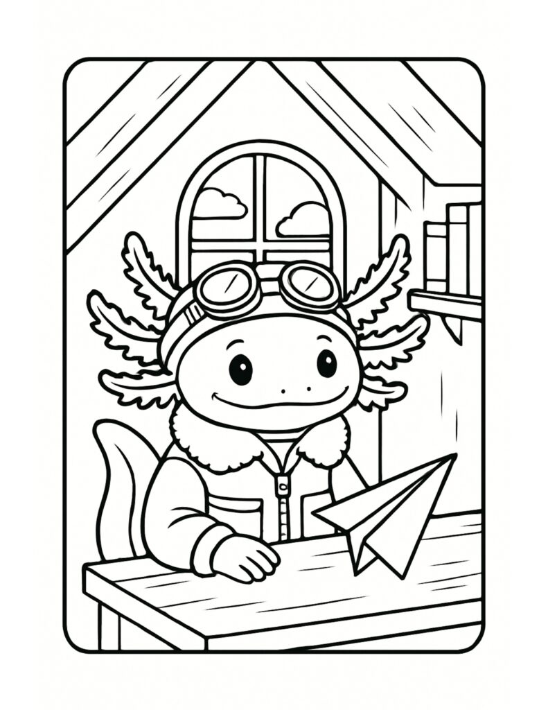 axolotl paper airplane desk coloring page with aviator goggles and a jacket at a wooden table coloring page