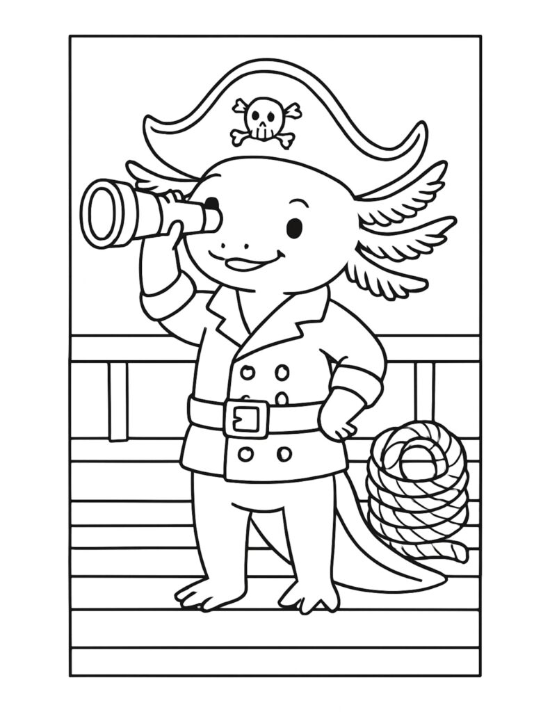 axolotl pirate using telescope coloring page on a ship deck with pirate hat, coat, and rope coil coloring page