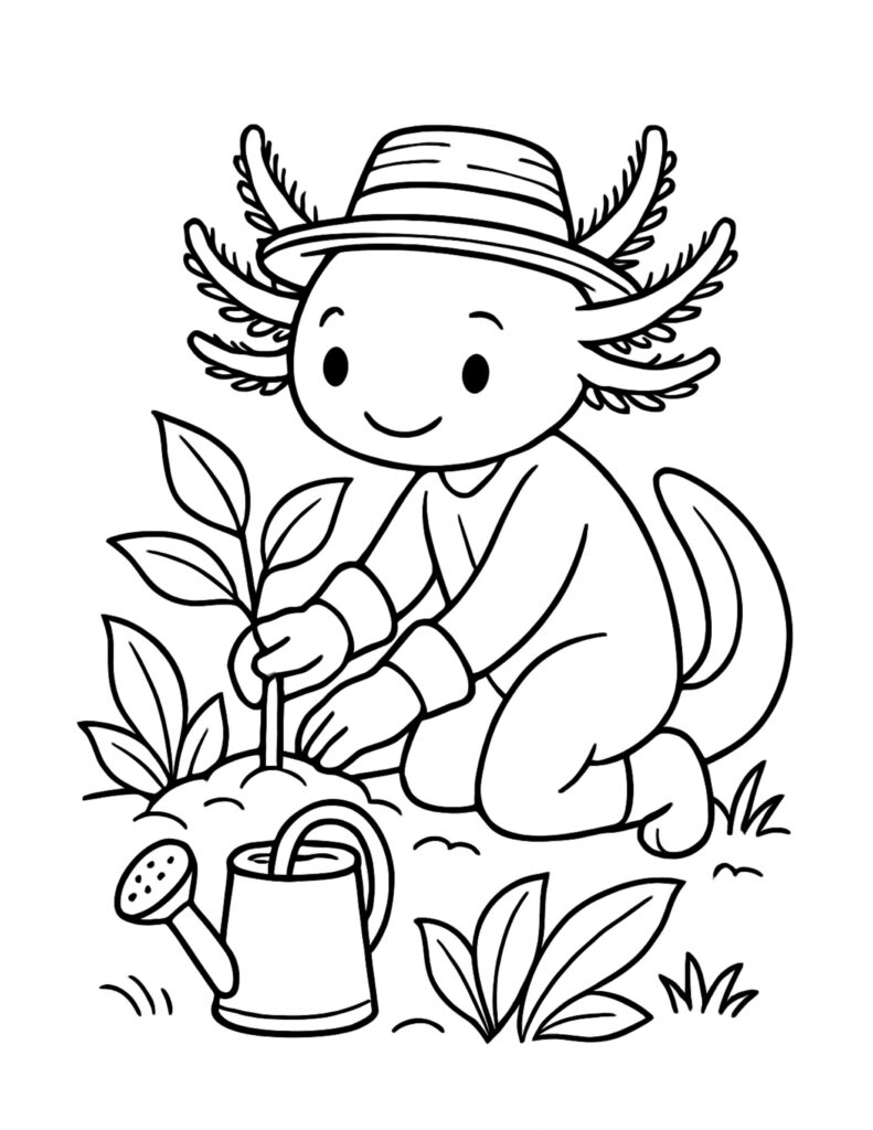 axolotl planting a seedling coloring page with a smiling axolotl in a hat, gardening by a watering can coloring page