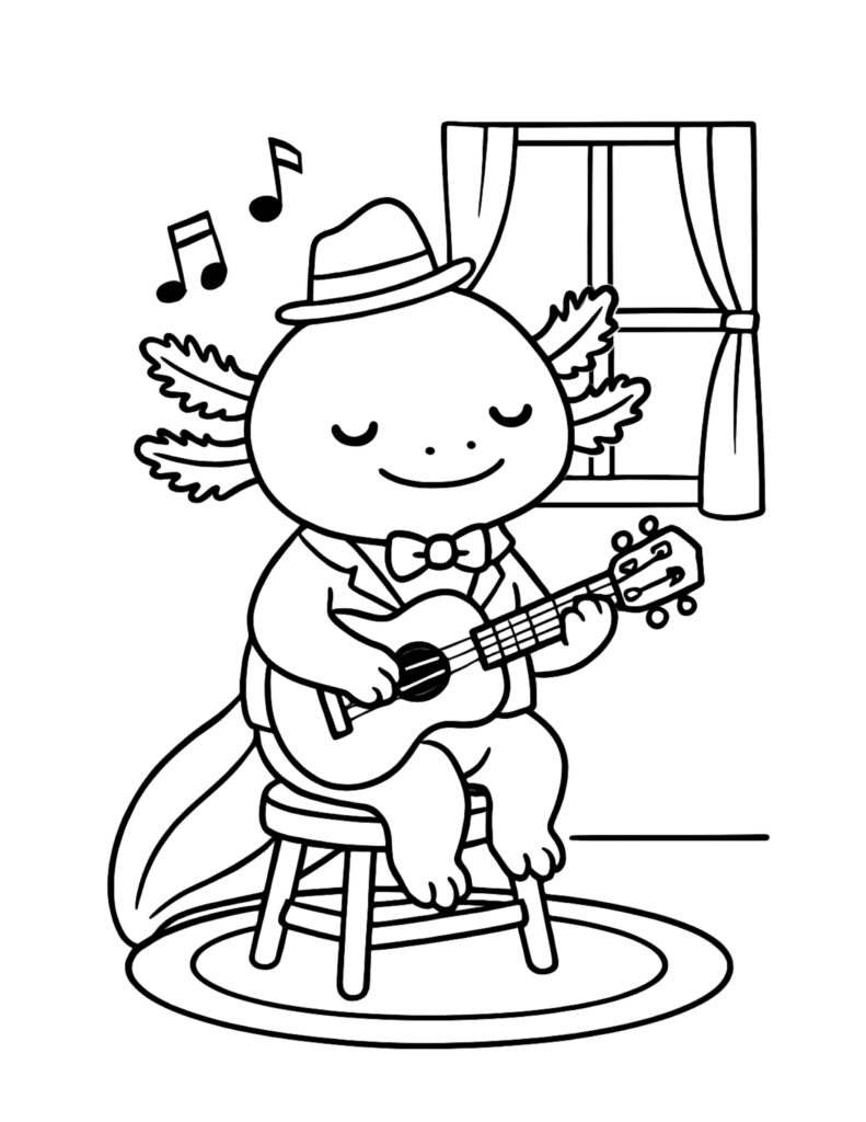 axolotl playing guitar by window coloring page featuring a smiling axolotl in a hat with music notes coloring page