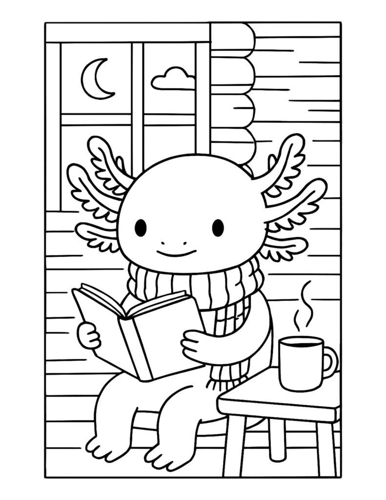 axolotl reading by moonlit window coloring page with a scarf, book, and steaming mug coloring page