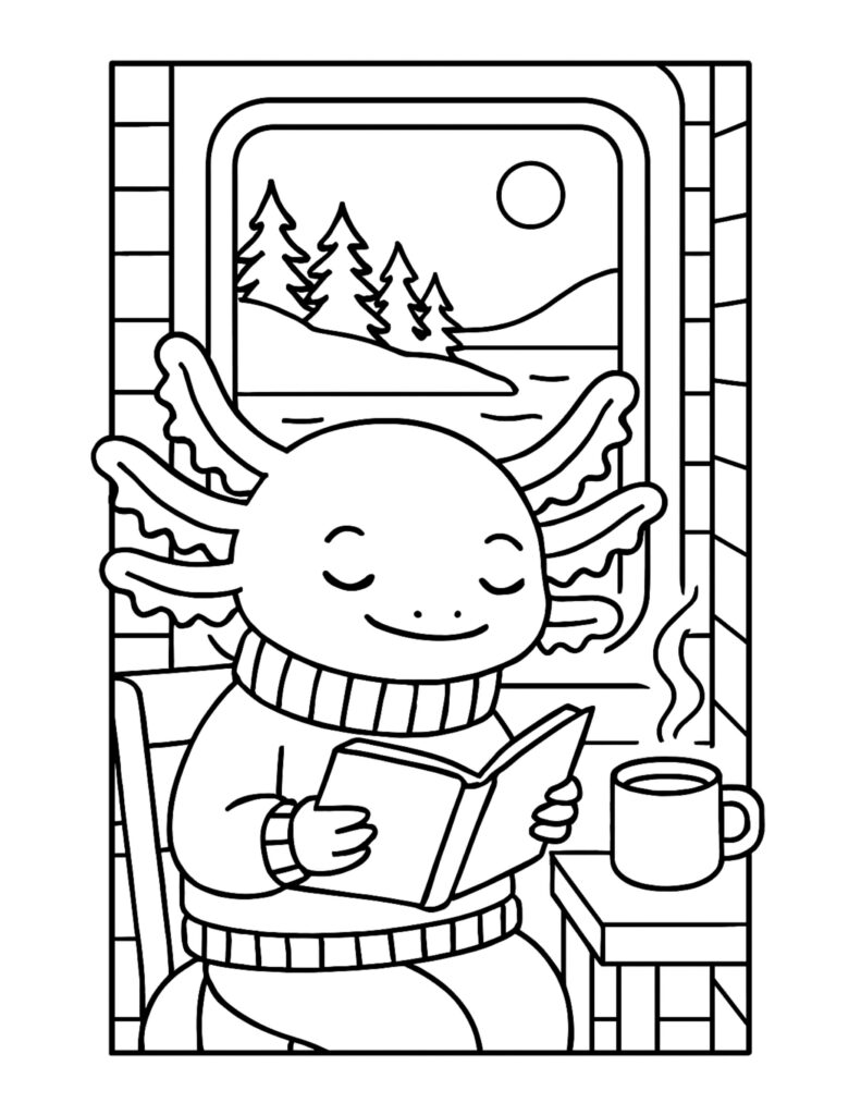 axolotl reading by window coloring page with sweater, open book, and steaming mug by the window coloring page