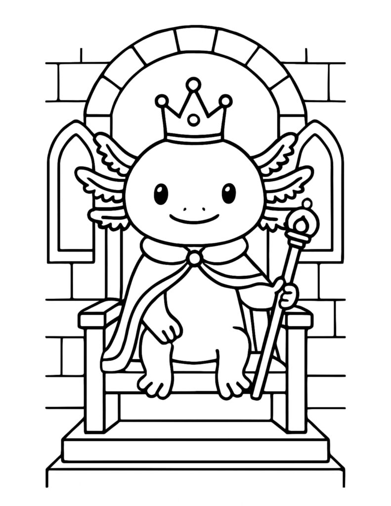 axolotl royal on a throne coloring page with a smiling crowned axolotl holding a scepter, coloring page