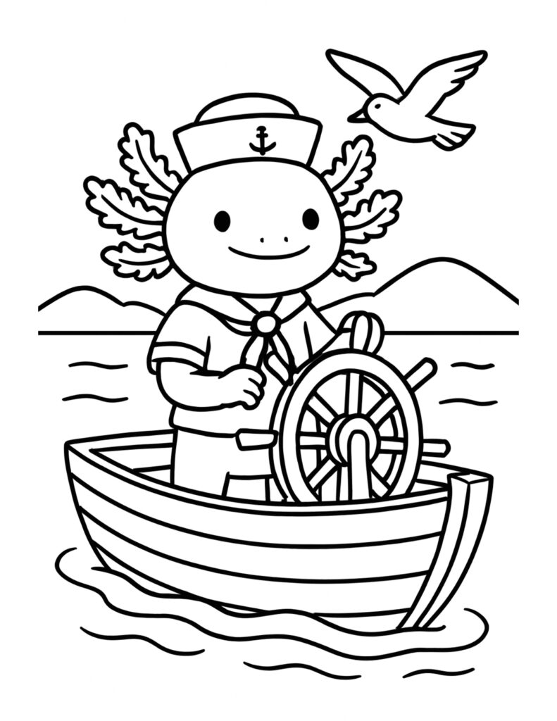 axolotl sailor steering a boat coloring page with a smiling sailor axolotl at the ship wheel and a flying seagull, coloring page