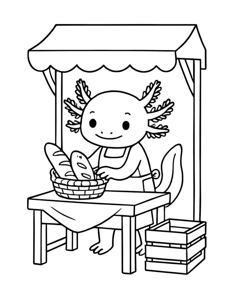 axolotl selling bread at stall coloring page with apron, bread basket, and market canopy