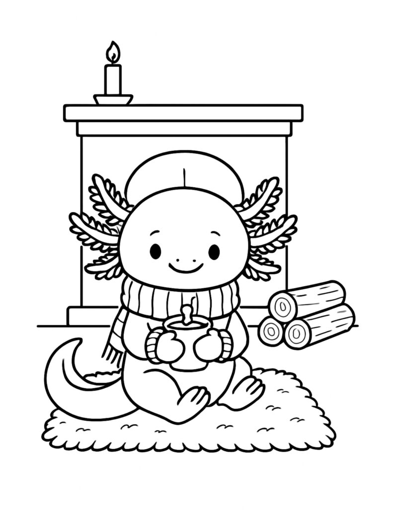 axolotl sipping cocoa by fireplace coloring page with scarf and beanie on a fluffy rug in front of a mantel coloring page