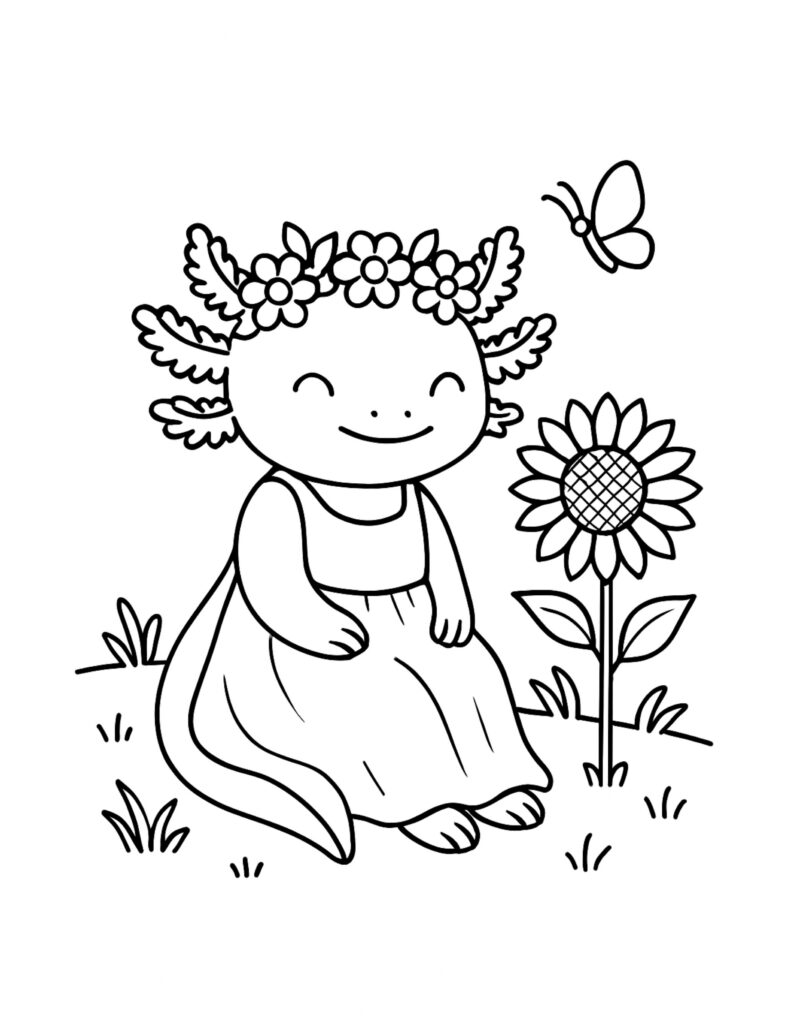 axolotl sitting by sunflower coloring page with flower crown, long dress, and butterfly in a garden coloring page