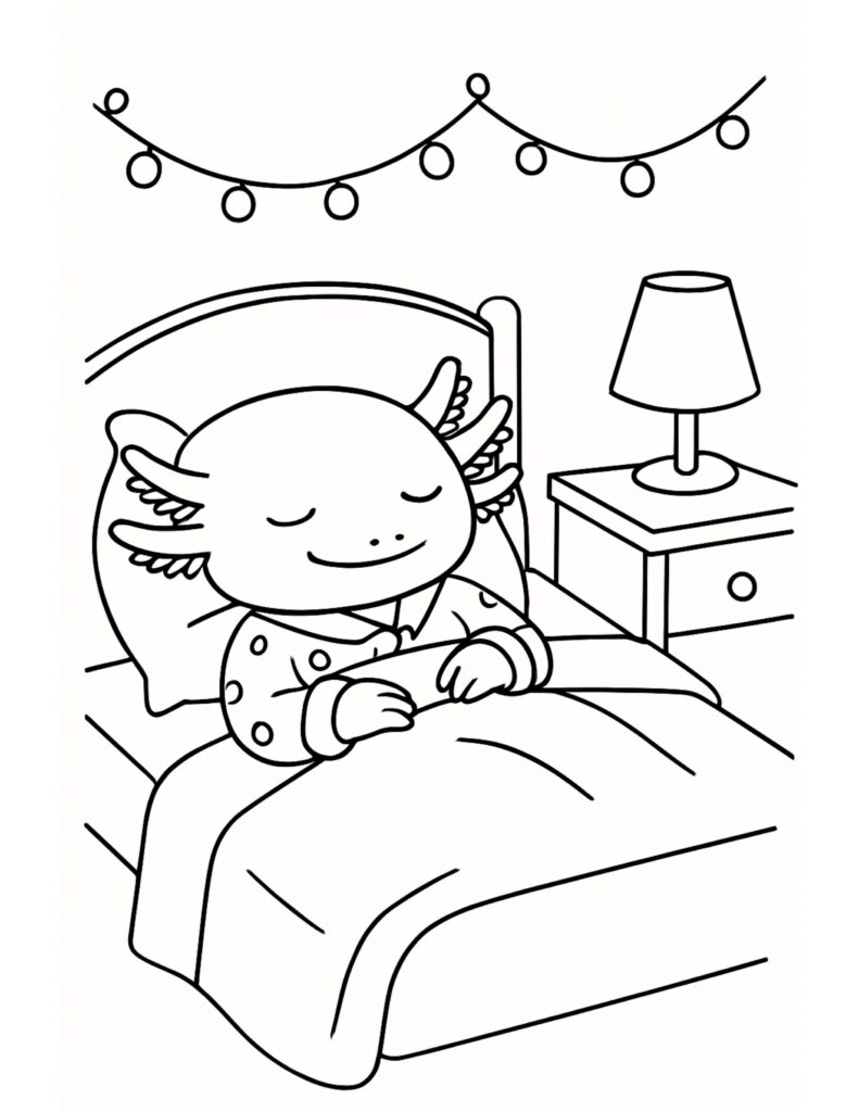 axolotl sleeping in bed coloring page showing a cute axolotl in pajamas under a blanket with string lights coloring page