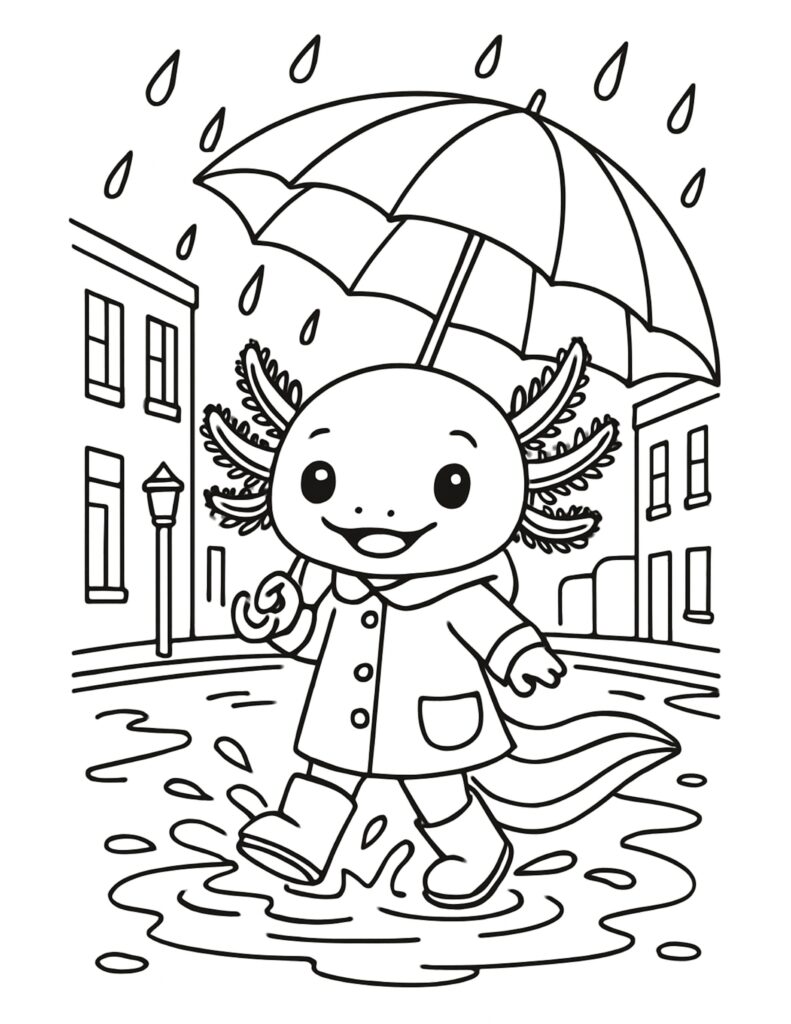 axolotl splashing puddles with umbrella coloring page, cute raincoat axolotl on a city street, coloring page