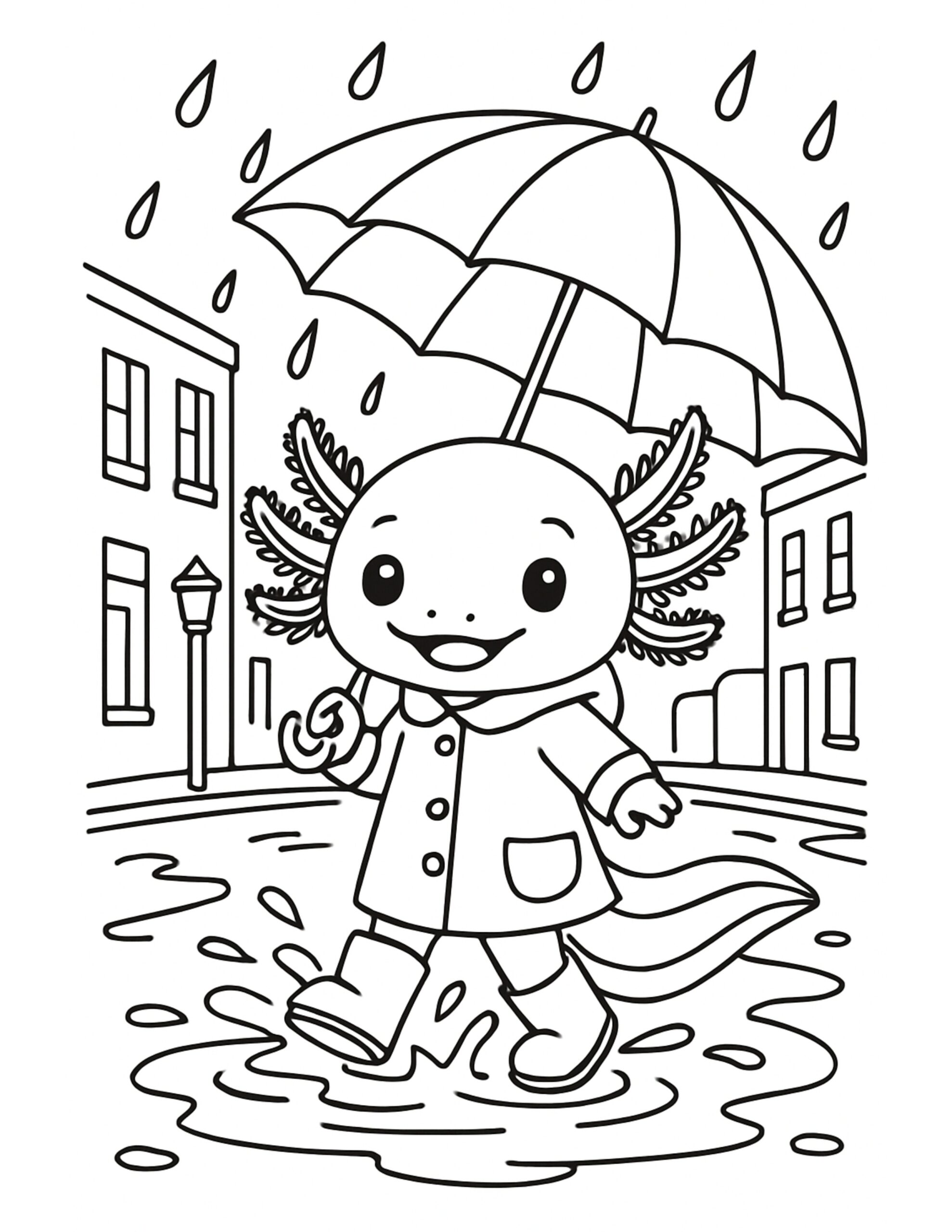 axolotl splashing puddles with umbrella coloring page, cute raincoat axolotl on a city street, coloring page