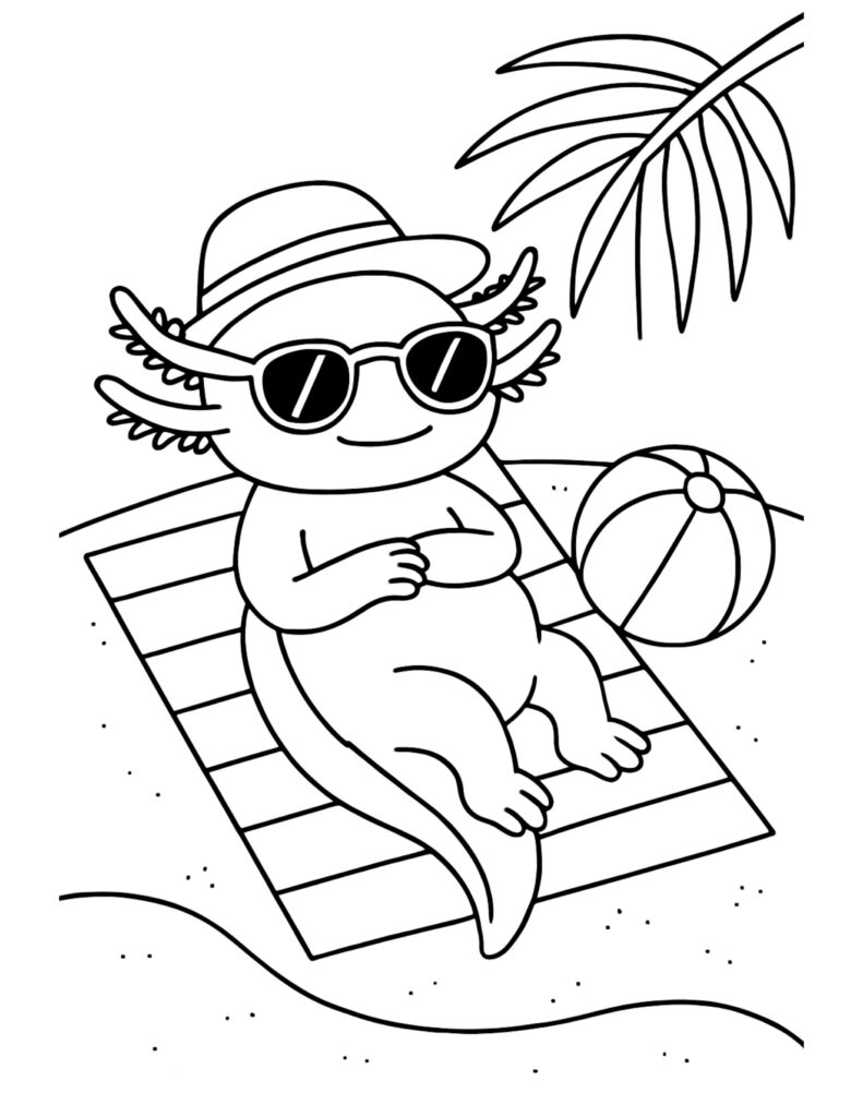 axolotl sunbathing with sunglasses coloring page on a striped beach towel with palm leaves and a beach ball coloring page