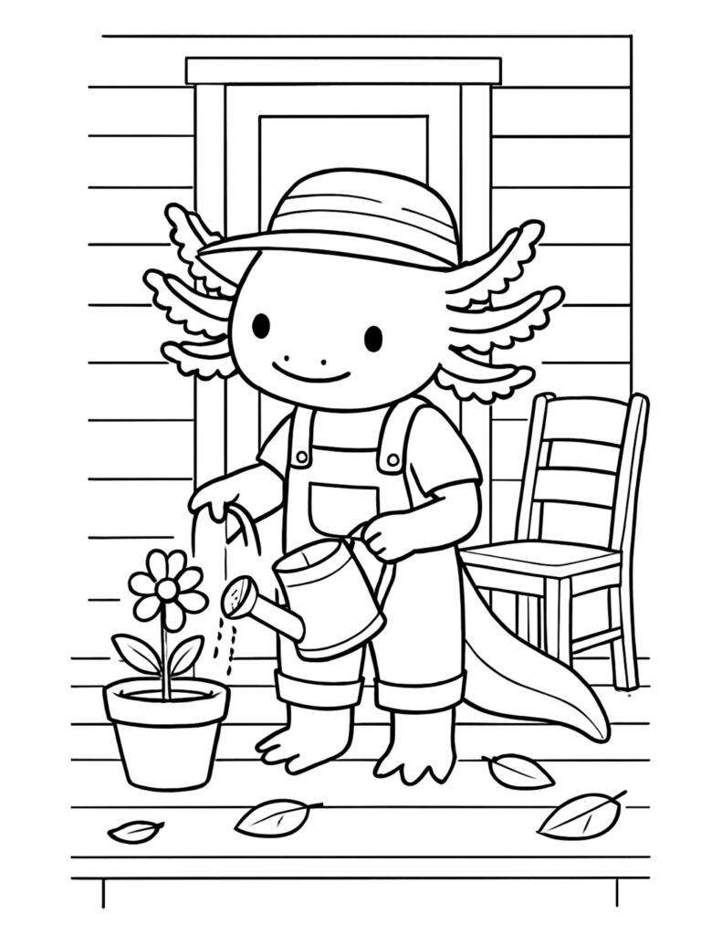 axolotl watering potted flower coloring page with a watering can, overalls, sun hat, and porch chair coloring page