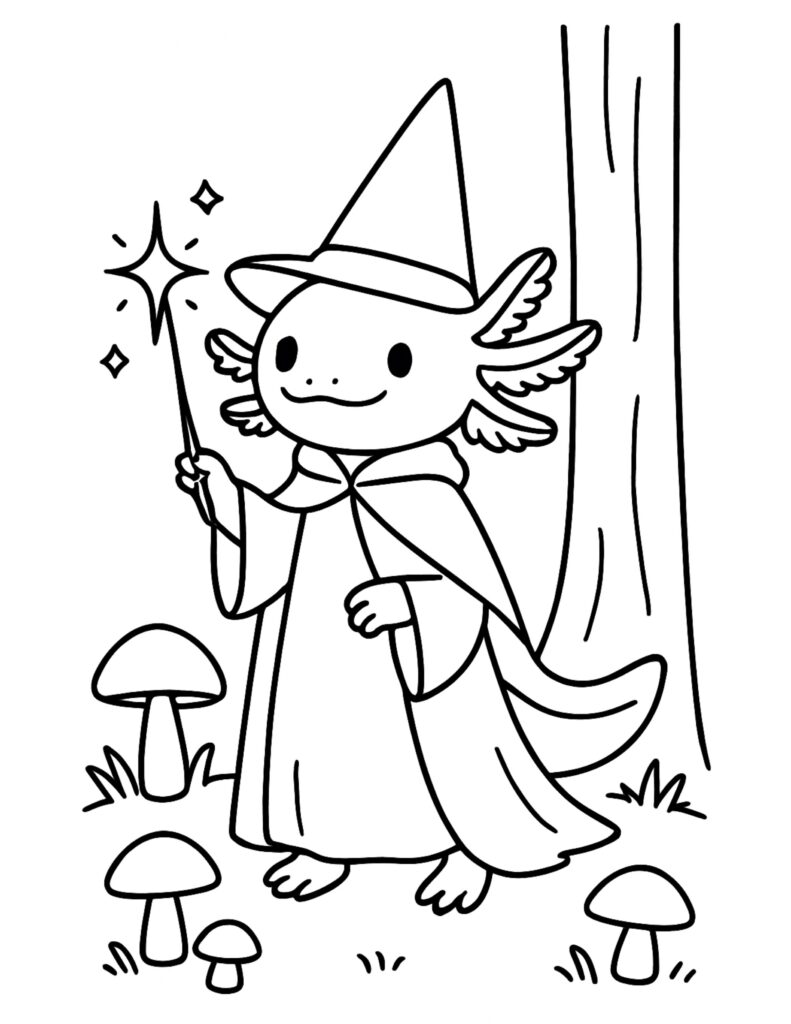 axolotl wizard casting spell coloring page, cute wizard hat and wand in a forest with mushrooms coloring page
