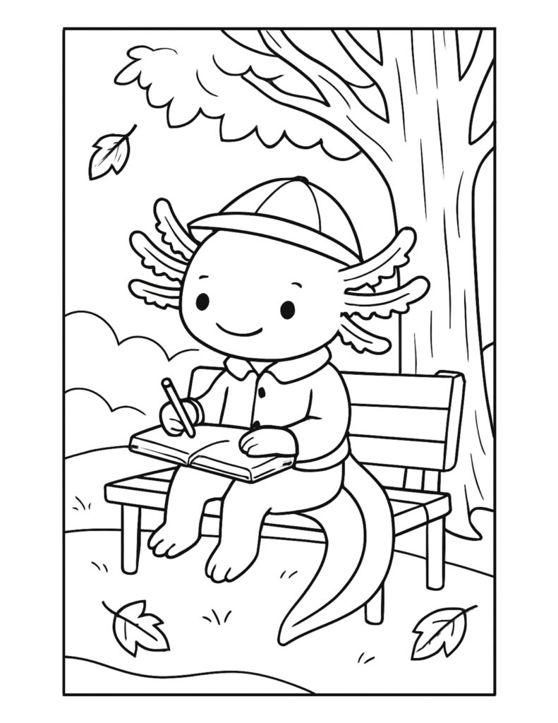 axolotl writing on bench coloring page with a cute axolotl in a cap writing in a notebook outdoors, coloring page