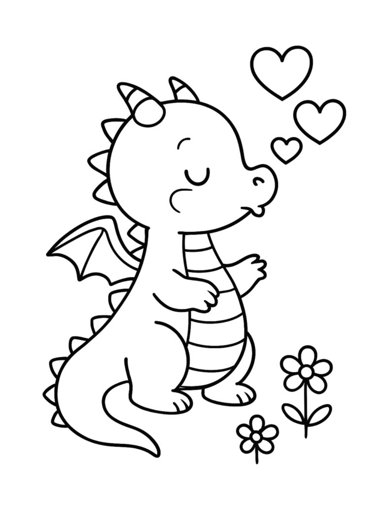 baby dragon blowing kisses coloring page with floating hearts and two small flowers, cute line art coloring page