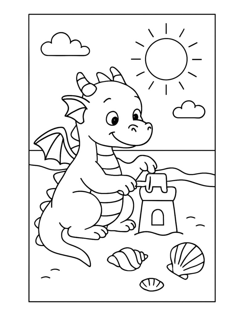 baby dragon building sandcastle coloring page on a sunny beach with seashells and a smiling dragon coloring page