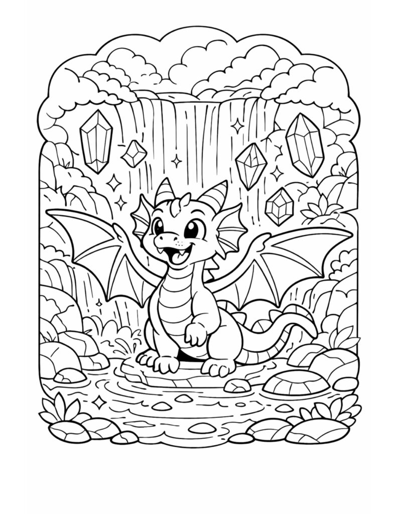 baby dragon by crystal waterfall coloring page with a smiling dragon, floating crystals, and a tall waterfall coloring page