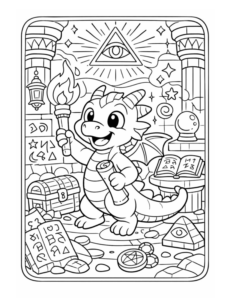 baby dragon holding a torch coloring page with a smiling dragon, torchlight, and mystical room details coloring page