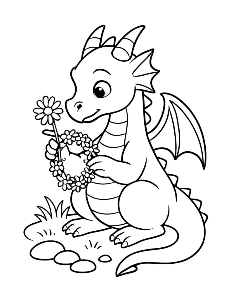baby dragon holding flower wreath coloring page with a smiling baby dragon holding daisies coloring page