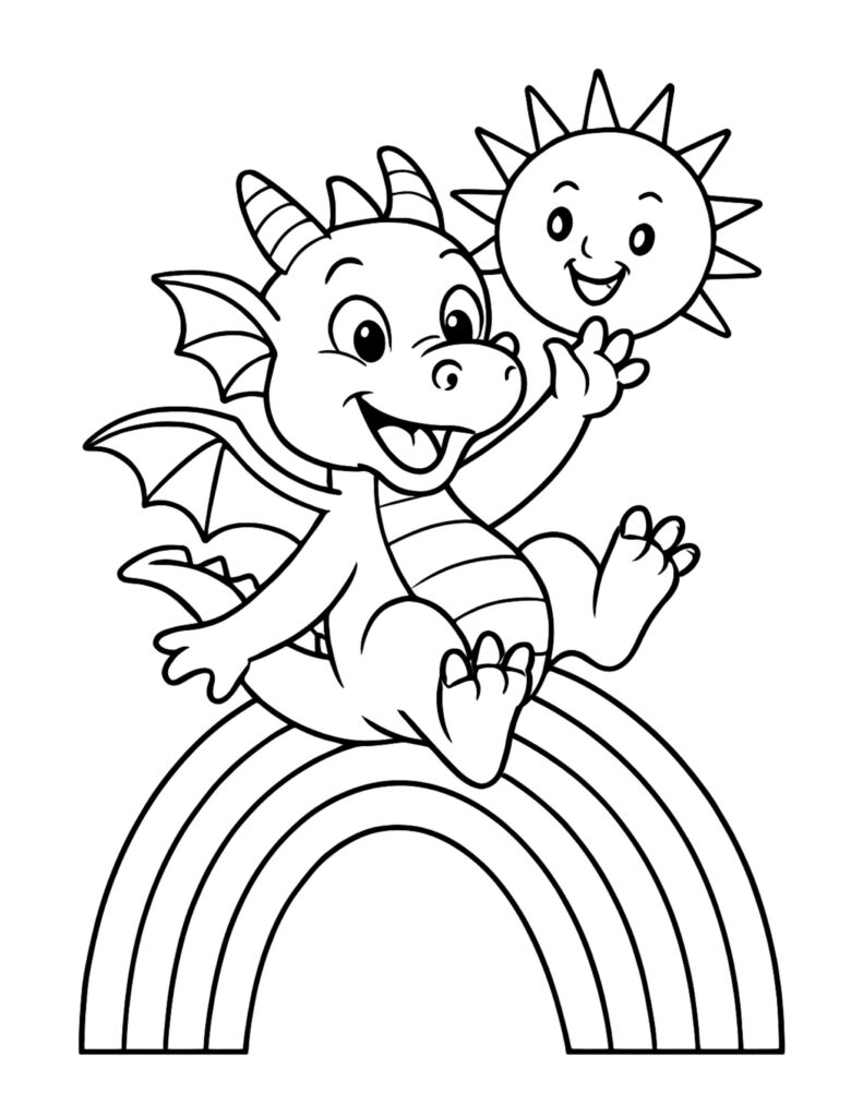 baby dragon holding smiling sun coloring page, cute dragon sitting on a rainbow reaching to a happy sun coloring page
