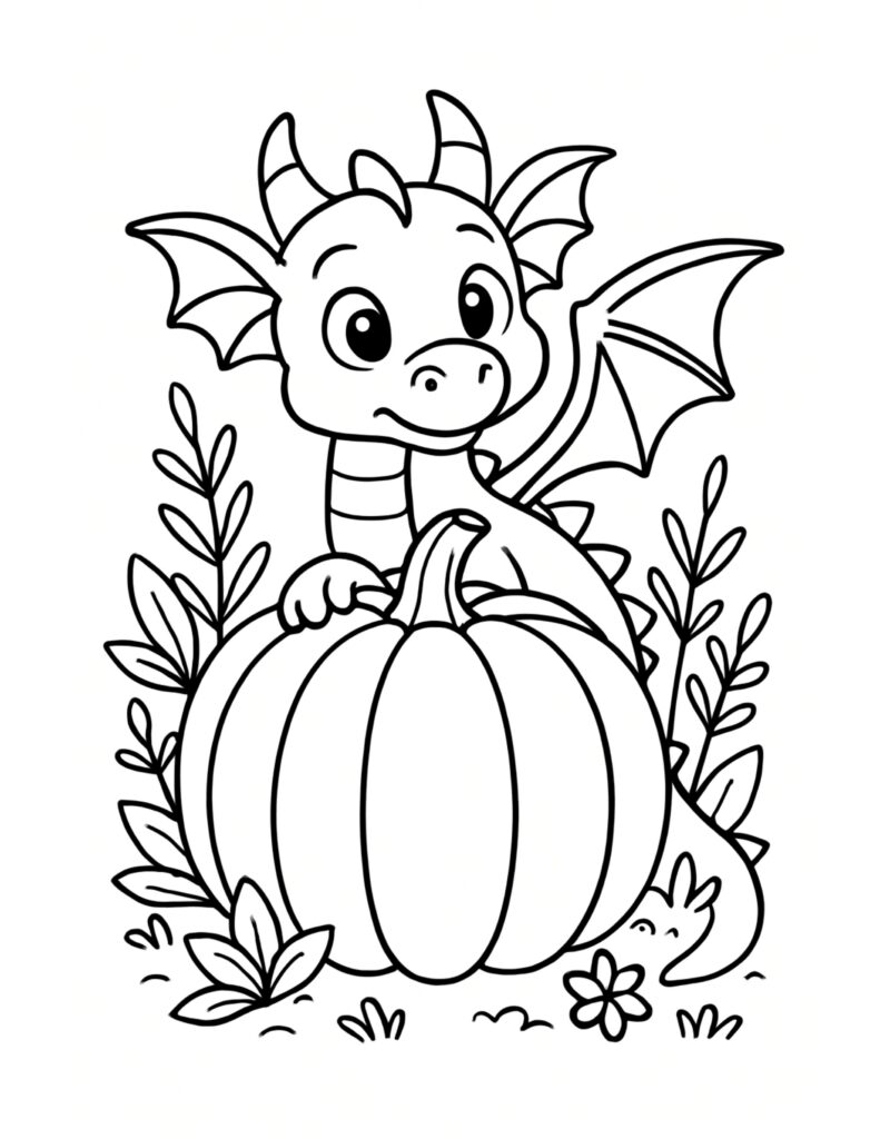baby dragon hugging a pumpkin coloring page, smiling dragon with wings and autumn leaves coloring page