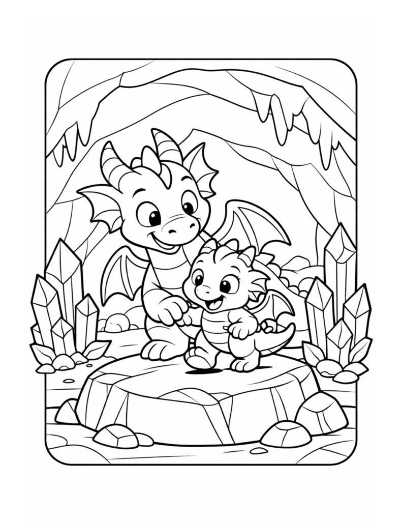 baby dragon in crystal cave coloring page with a parent dragon and tall crystals around a stone platform coloring page