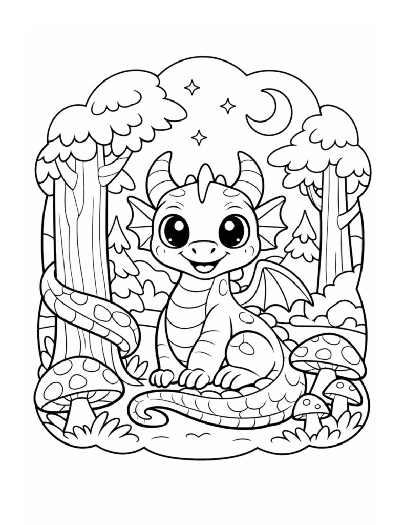 baby dragon in moonlit forest coloring page with a cute smiling dragon, mushrooms, trees, and a crescent moon coloring page