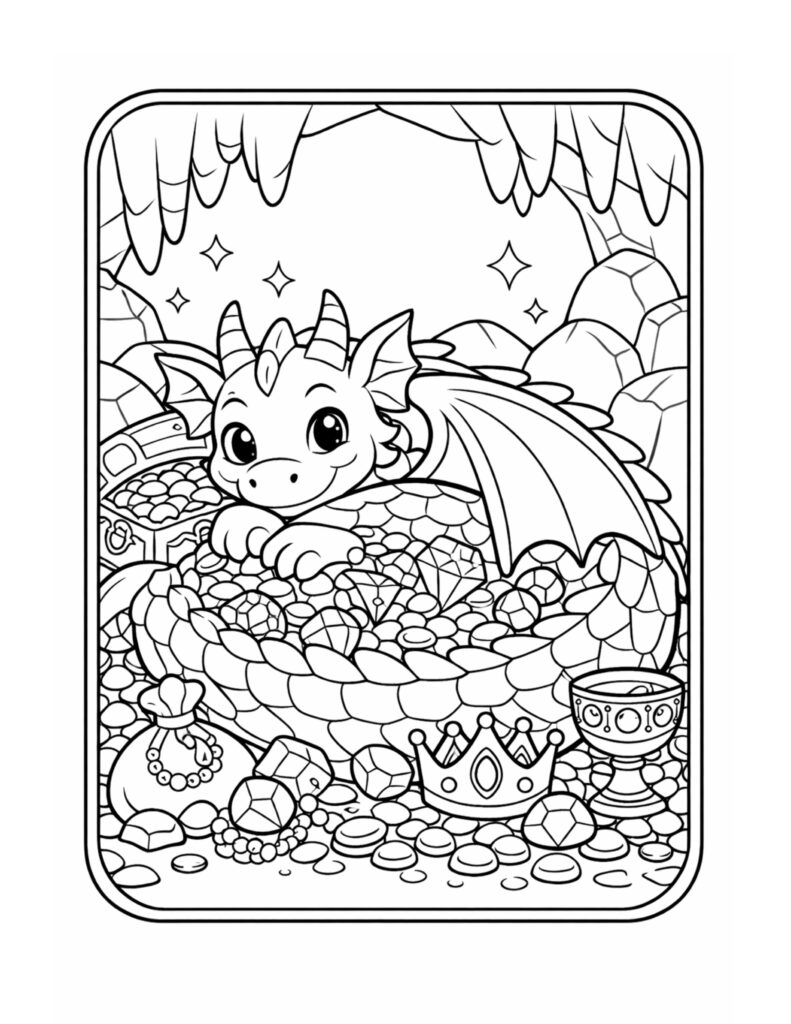 baby dragon lounging on treasure coloring page with a cute dragon on coins, gems, crown, and goblet coloring page