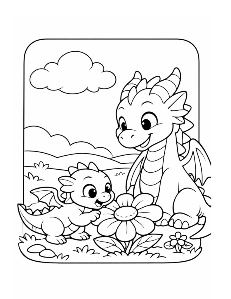 baby dragon smelling a flower coloring page, baby and parent dragon by a big bloom in a meadow coloring page