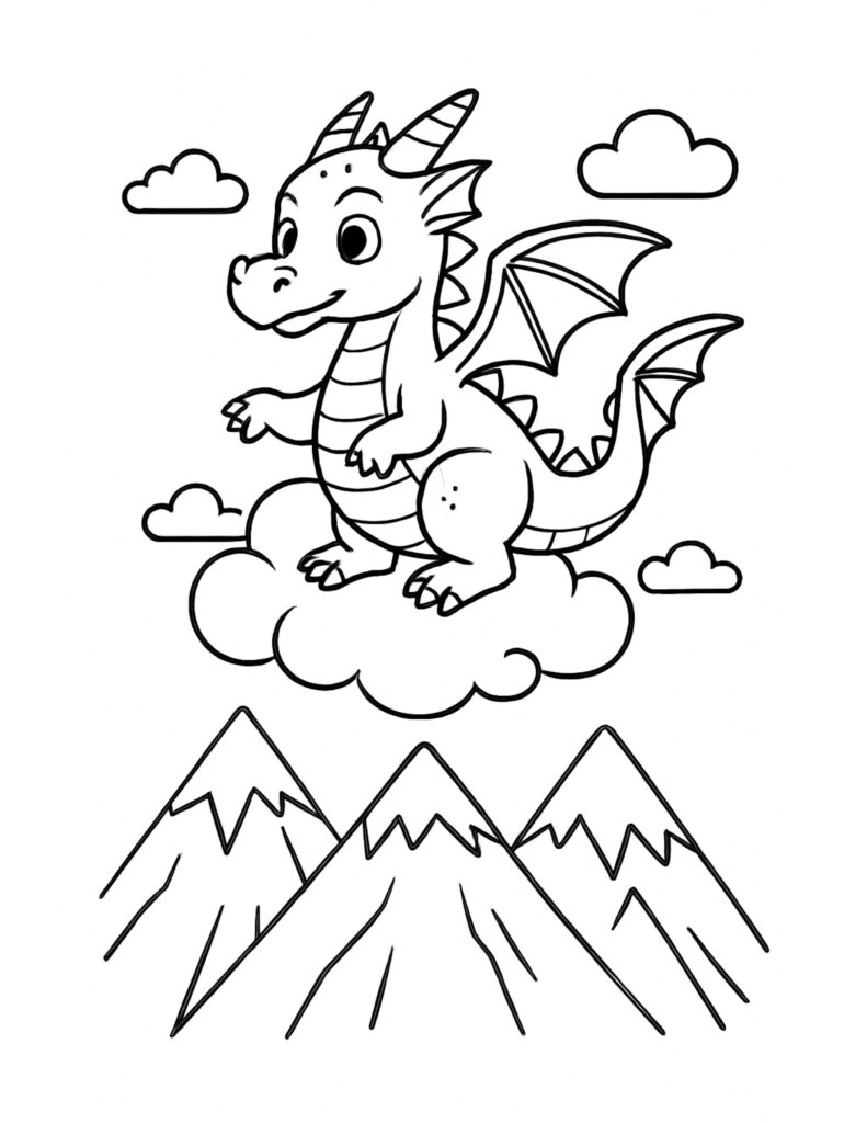 baby dragon standing on cloud coloring page, cute winged dragon above mountains coloring page