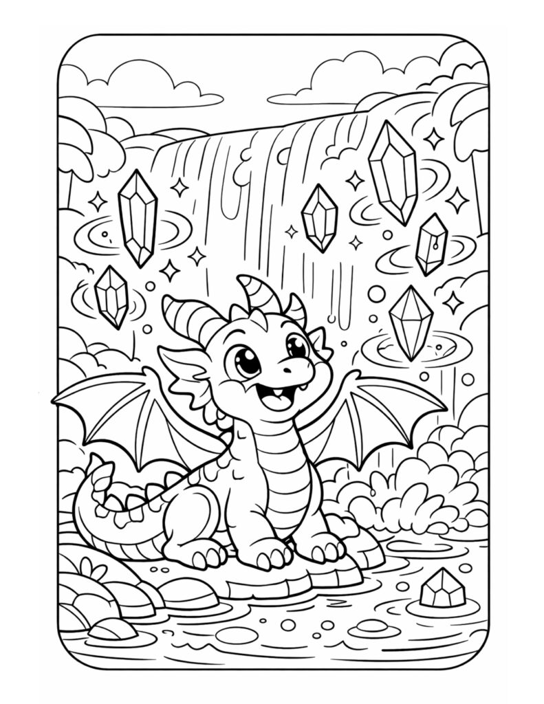 baby dragon under crystal waterfall coloring page with floating crystals, sparkles, and a smiling dragon by the water coloring page