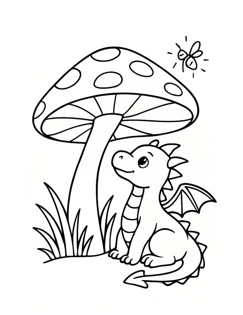 baby dragon under mushroom coloring page with a cute dragon sitting under a tall spotted mushroom coloring page