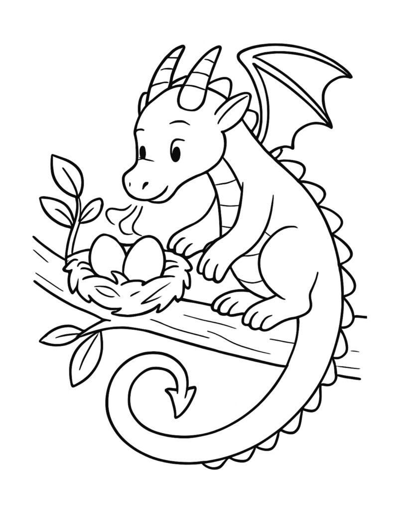 baby dragon watching nest eggs coloring page, cute dragon on a tree branch beside a nest coloring page