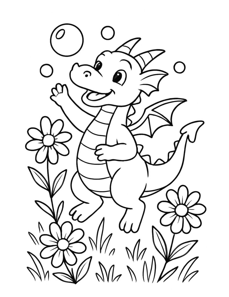 baby dragon waving with bubbles coloring page, smiling baby dragon waving among daisies and grass, coloring page
