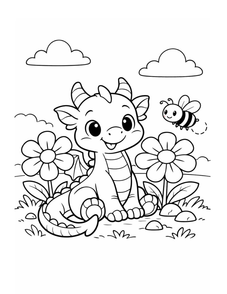 baby dragon with a bee coloring page with big flowers, simple clouds, and a smiling baby dragon sitting on grass coloring page