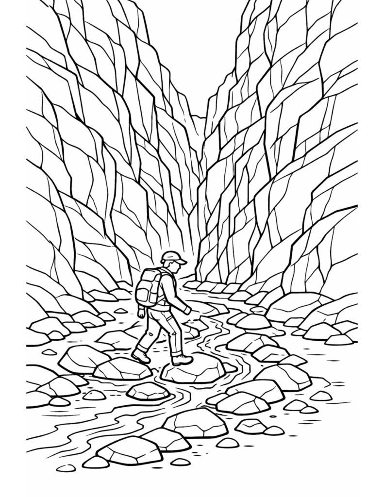 backpacker crossing rocky canyon stream coloring page showing a hiker stepping on stones between tall canyon walls